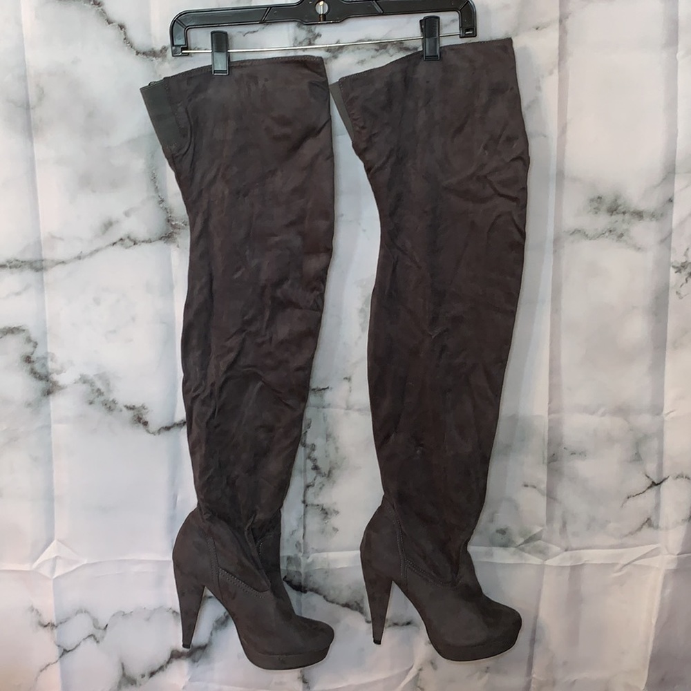 Size 8 Dark Grey Faux Suede Over The Knee Thigh High Boots Heels